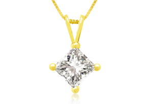 3/4 Carat 14k Yellow Gold Princess Cut Diamond Pendant Necklace, J/K, 18 Inch Chain By Hansa