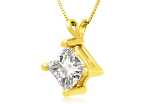 2 Carat 14k Yellow Gold Princess Cut Diamond Pendant Necklace, G/H, 18 Inch Chain By Hansa