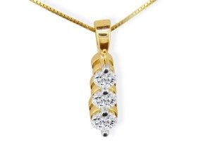 1/4 Carat Three Diamond Drop Style Diamond Pendant Necklace In 10k Yellow Gold, J/K, 18 Inch Chain By Sundar Gem