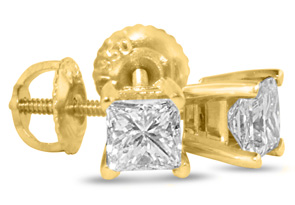 1.25 Carat Princess Cut Diamond Stud Earrings In 14k Yellow Gold, H/I, SI By Hansa