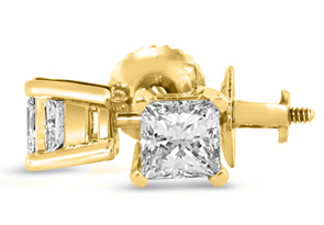 1.25 Carat Princess Cut Diamond Stud Earrings In 14k Yellow Gold, H/I, SI By Hansa