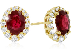 3.20 Carat Fine Quality Ruby & Diamond Earrings In 14K Yellow Gold (3.2 G), H/I By Hansa