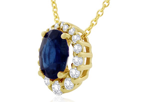 2.90 Carat Fine Quality Sapphire & Diamond Necklace In 14K Yellow Gold (2.9 G), H/I, 18 Inch Chain By Hansa