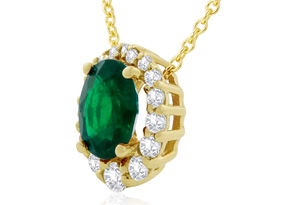 2-9/10 Carat Oval Shape Emerald Cut Necklaces W/ Diamond Halo In 14K Yellow Gold (2.9 G), 18 Inch Chain (H-I, SI2) By Hansa
