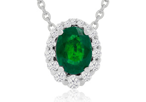 2-9/10 Carat Oval Shape Emerald Cut Necklaces W/ Diamond Halo In 14K White Gold (2.9 G), 18 Inch Chain (H-I, SI2) By Hansa