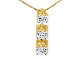 Fine 3/4 Carat Three Diamond Pendant Necklace In 14K Yellow Gold, I/J, 18 Inch Chain By Hansa