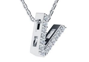 Letter V Diamond Initial Necklace In 14K White Gold (2.4 G) W/ 13 Diamonds, H/I, 18 Inch Chain By SuperJeweler