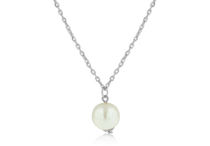 Simulated Pearl Solitaire Necklace, White Gold By Adoriana