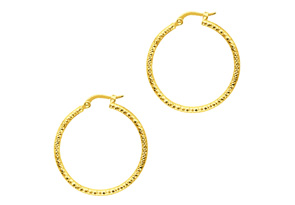 14K Yellow Gold (2.30 G) Polish Finished 25mm Etched Hoop Earrings W/ Hinge W/ Notched Closure By SuperJeweler