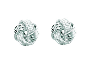 14K White Gold (1.30 G) Polish Finished 9mm Multi-Textured Love Knot Stud Earrings W/ Friction Backs By SuperJeweler