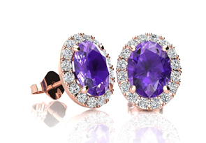 1 Carat Oval Shape Amethyst & Halo Diamond Stud Earrings In 14K Rose Gold, I/J By SuperJeweler