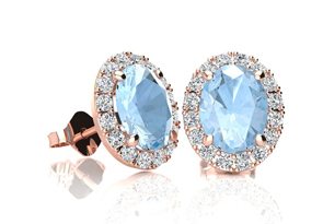 1 Carat Oval Shape Aquamarine & Halo Diamond Stud Earrings In 14K Rose Gold, I/J By SuperJeweler