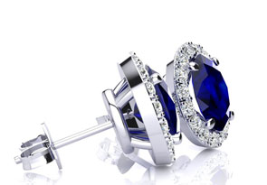 1 1/3 Carat Oval Shape Sapphire & Halo Diamond Stud Earrings In 14K White Gold, I/J By SuperJeweler