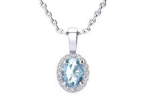 1 Carat Oval Shape Blue Topaz & Halo Diamond Necklace In 14K White Gold W/ 18 Inch Chain, I/J By SuperJeweler