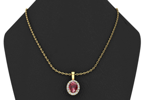 1 2/3 Carat Oval Shape Ruby & Halo Diamond Necklace In 14K Yellow Gold W/ 18 Inch Chain, I/J By SuperJeweler
