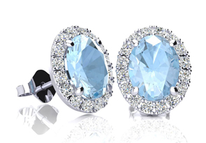 1 3/4 Carat Oval Shape Aquamarine & Halo Diamond Stud Earrings In 14K White Gold, I/J By SuperJeweler