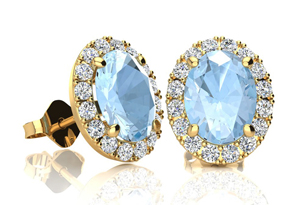 1 3/4 Carat Oval Shape Aquamarine & Halo Diamond Stud Earrings In 14K Yellow Gold, I/J By SuperJeweler