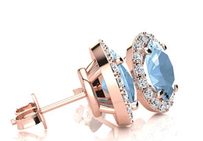1 3/4 Carat Oval Shape Aquamarine & Halo Diamond Stud Earrings In 14K Rose Gold, I/J By SuperJeweler