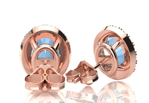 1 3/4 Carat Oval Shape Aquamarine & Halo Diamond Stud Earrings In 14K Rose Gold, I/J By SuperJeweler