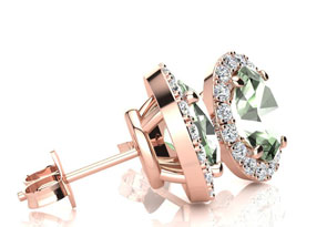 1.5 Carat Oval Shape Green Amethyst & Halo Diamond Stud Earrings In 14K Rose Gold, I/J By SuperJeweler