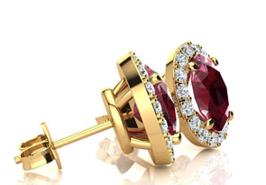 2 Carat Oval Shape Ruby & Halo Diamond Stud Earrings In 14K Yellow Gold, I/J By SuperJeweler