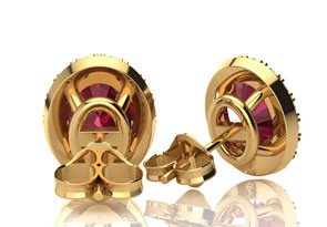 2 Carat Oval Shape Ruby & Halo Diamond Stud Earrings In 14K Yellow Gold, I/J By SuperJeweler