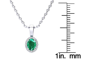1/2 Carat Oval Shape Emerald Cut Necklaces W/ Diamond Halo In 14K White Gold, 18 Inch Chain (I-J, I1-I2) By SuperJeweler