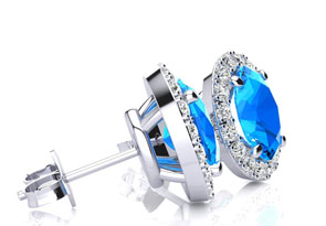3 1/4 Carat Oval Shape Blue Topaz & Halo Diamond Stud Earrings In 14K White Gold, I/J By SuperJeweler