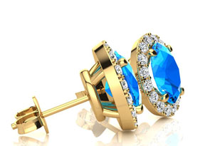 3 1/4 Carat Oval Shape Blue Topaz & Halo Diamond Stud Earrings In 14K Yellow Gold, I/J By SuperJeweler