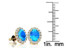 3 1/4 Carat Oval Shape Blue Topaz & Halo Diamond Stud Earrings In 14K Yellow Gold, I/J By SuperJeweler