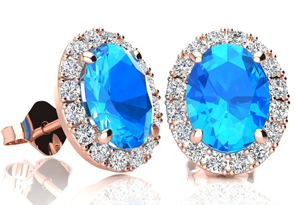 3 1/4 Carat Oval Shape Blue Topaz & Halo Diamond Stud Earrings In 14K Rose Gold, I/J By SuperJeweler