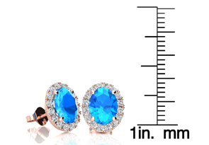 3 1/4 Carat Oval Shape Blue Topaz & Halo Diamond Stud Earrings In 14K Rose Gold, I/J By SuperJeweler