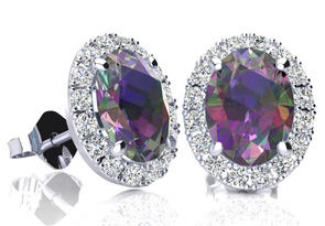 3 1/4 Carat Oval Shape Mystic Topaz & Halo Diamond Stud Earrings In 14K White Gold, I/J By SuperJeweler