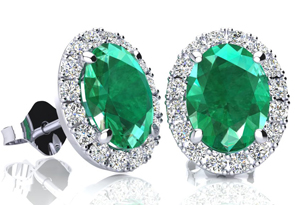 2.5 Carat Oval Shape Emerald Cut & Halo Diamond Stud Earrings In 14K White Gold, I/J By SuperJeweler