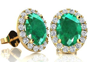 2.5 Carat Oval Shape Emerald Cut & Halo Diamond Stud Earrings In 14K Yellow Gold, I/J By SuperJeweler