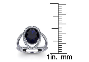 3 1/2 Carat Oval Shape Sapphire & Halo Diamond Ring In 14K White Gold (5.3 G), I/J By SuperJeweler