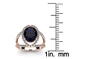 3 1/2 Carat Oval Shape Sapphire & Halo Diamond Ring In 14K Rose Gold (5.3 G), I/J By SuperJeweler