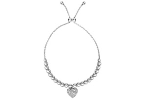 Sterling Silver Faceted Bead Adjustable Bead Bracelet W/ Cubic Zirconia Heart Charm, 7 Inch By SuperJeweler
