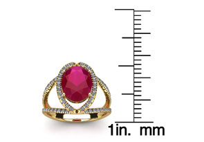 2 Carat Oval Shape Ruby & Halo Diamond Ring In 14K Yellow Gold (3.5 G), H/I By SuperJeweler