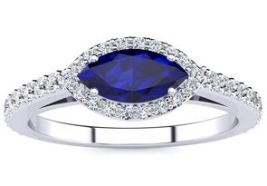 1 Carat Marquise Shape Sapphire & Halo Diamond Ring In 14K White Gold (2.7 G), H/I By SuperJeweler