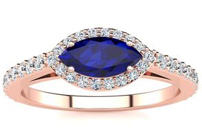 1 Carat Marquise Shape Sapphire & Halo Diamond Ring In 14K Rose Gold (2.7 G), H/I By SuperJeweler