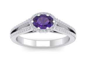 1 Carat Oval Shape Antique Amethyst & Halo Diamond Ring In 14K White Gold (3.8 G), H/I By SuperJeweler