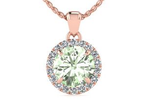 3/4 Carat Round Shape Green Amethyst & Halo Diamond Necklace In 14K Rose Gold (1.4 G), H/I, 18 Inch Chain By SuperJeweler