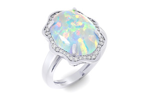 5 Carat Opal Ring W/ Halo Diamonds In 14K White Gold (6.5 G),  By Sundar Gem