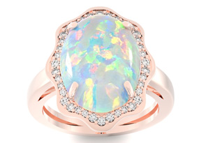 5 Carat Opal Ring W/ Halo Diamonds In 14K Rose Gold (6.5 G), I/J By Sundar Gem