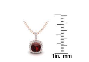 1.25 Carat Cushion Cut Garnet & Halo Diamond Necklace In 14K Rose Gold (1.5 G), 18 Inches, I/J By SuperJeweler