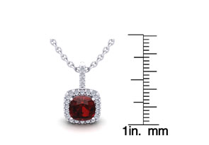 1 3/4 Carat Cushion Cut Garnet & Halo Diamond Necklace In 14K White Gold (2 G), 18 Inches, I/J By SuperJeweler
