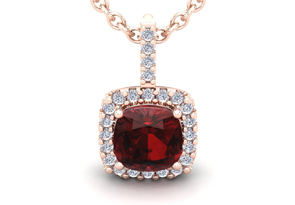 1 3/4 Carat Cushion Cut Garnet & Halo Diamond Necklace In 14K Rose Gold (2 G), 18 Inches, I/J By SuperJeweler