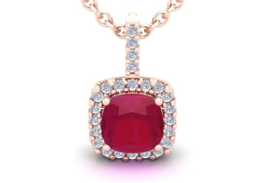 2 Carat Cushion Cut Ruby & Halo Diamond Necklace In 14K Rose Gold (2 G), 18 Inches, I/J By SuperJeweler