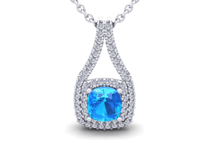 1.5 Carat Cushion Cut Blue Topaz & Double Halo Diamond Necklace In 14K White Gold (2.8 G), 18 Inches, I/J By SuperJeweler